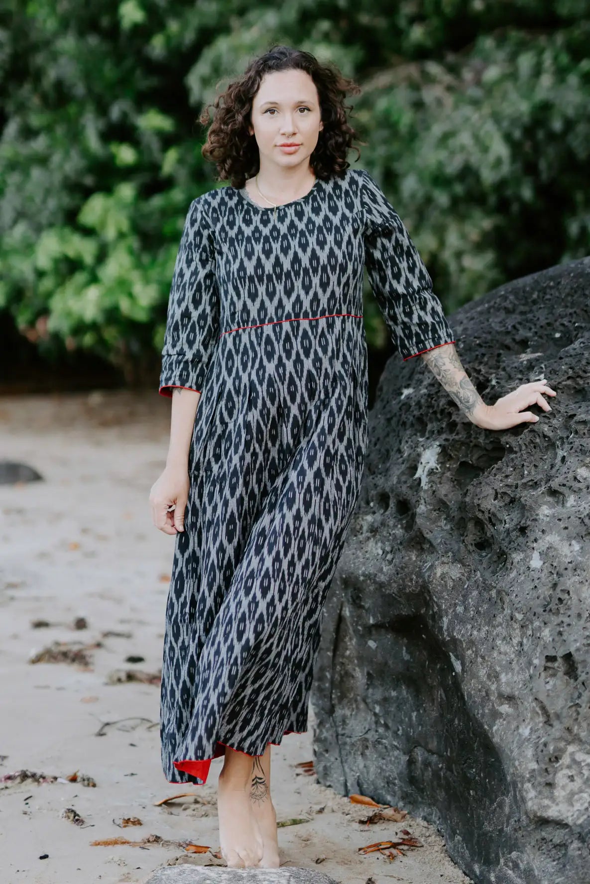 Ethical and sustainable cotton dress styled for versatile occasions.