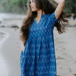 Ethically handmade blue Ikat cotton dress with a relaxed fit, perfect for effortless and sustainable everyday style