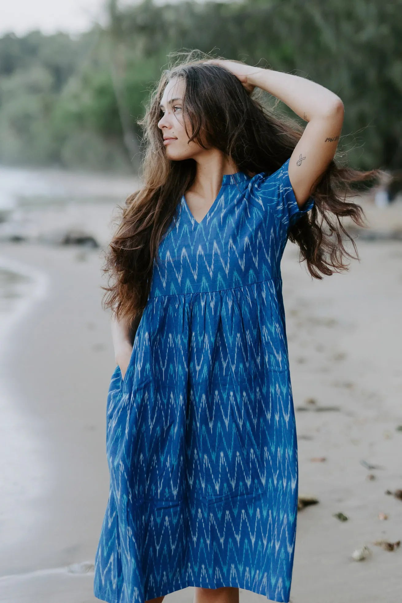 Ethically handmade blue Ikat cotton dress with a relaxed fit, perfect for effortless and sustainable everyday style