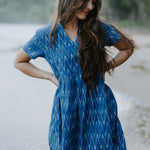 Ethically handmade blue Ikat cotton dress with a relaxed fit, perfect for effortless and sustainable everyday style