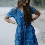 Ethically handmade blue Ikat cotton dress with a relaxed fit, perfect for effortless and sustainable everyday style