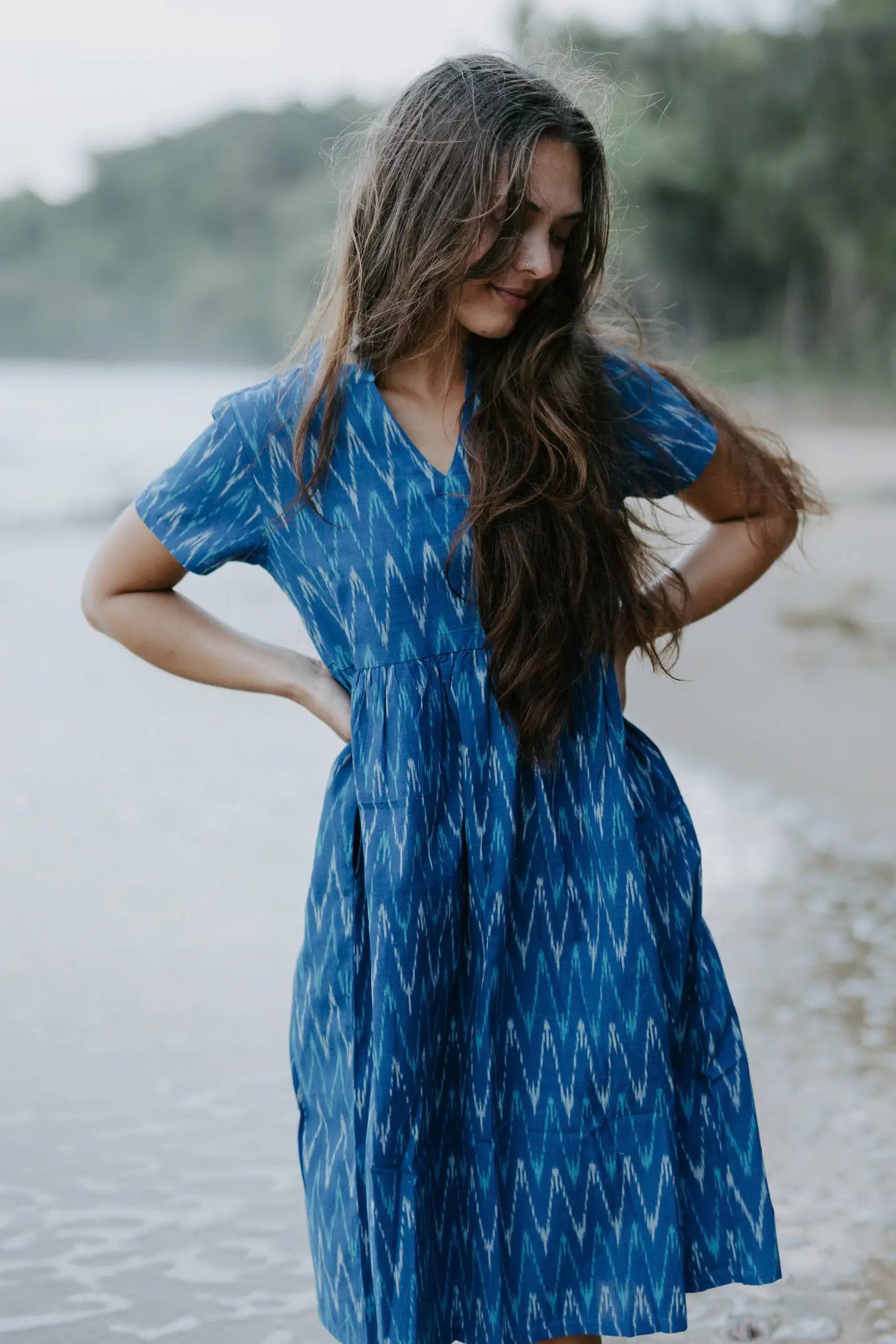 Ethically handmade blue Ikat cotton dress with a relaxed fit, perfect for effortless and sustainable everyday style