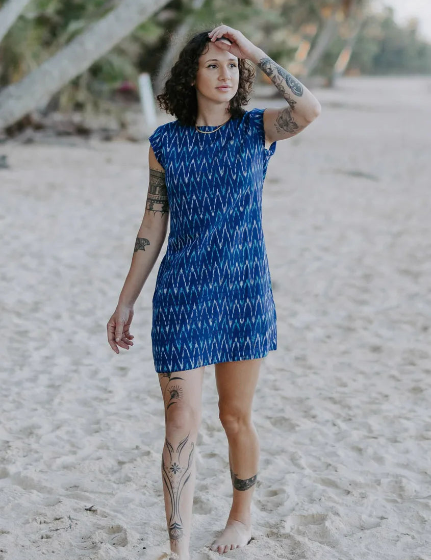 Tara Shirt Dress in handloomed cotton with capped sleeves and button details.