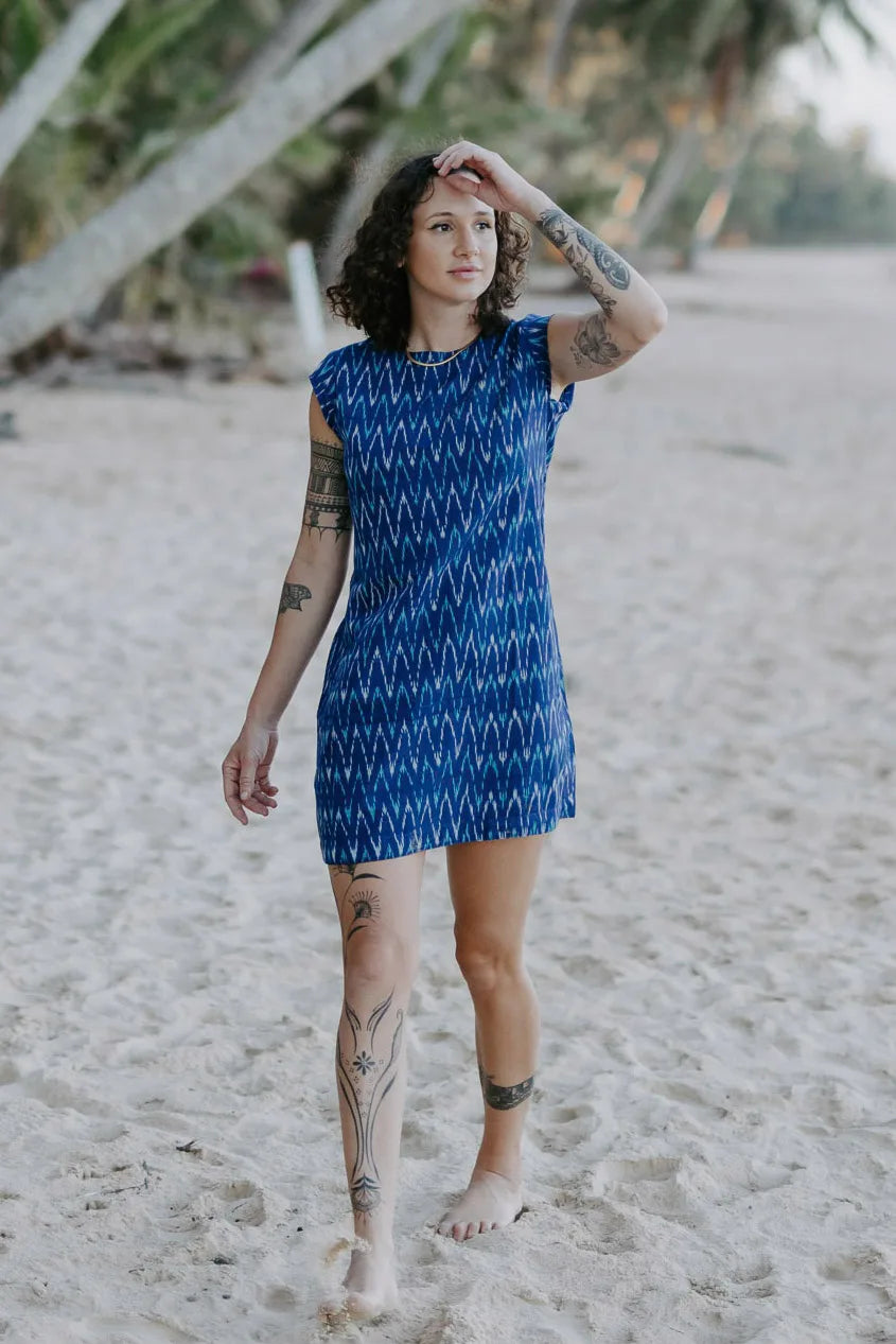 Tara Shirt Dress in handloomed cotton with capped sleeves and button details.