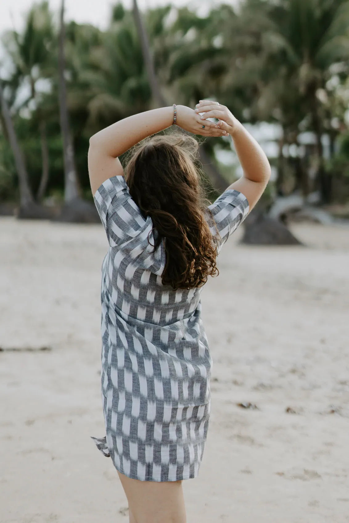 Lightweight and breathable grey and white Ikat Carrie Short Dress